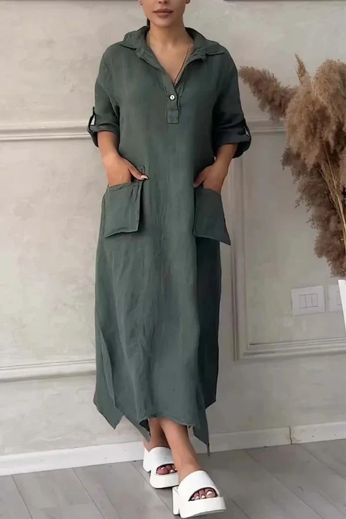 Casual Lapel Pockets Long Dress