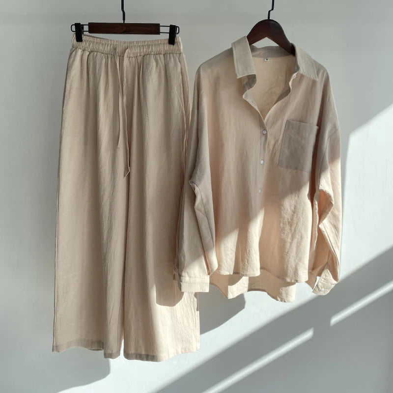 2-Piece Shirt And High-Waist Loose Trousers Set