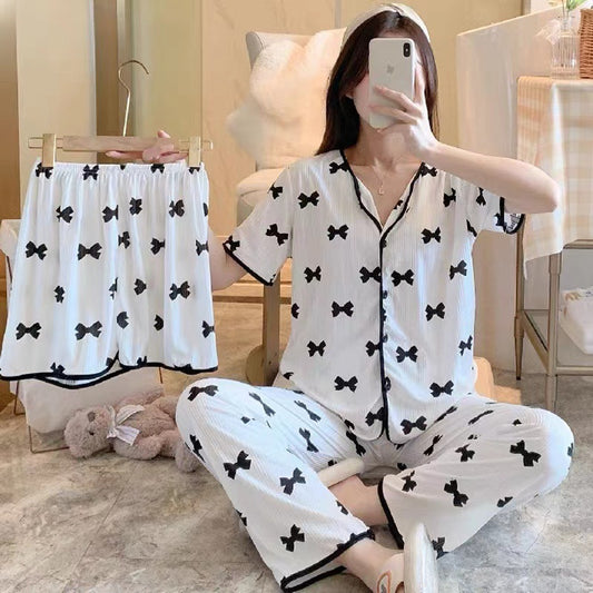 Short-Sleeved Pajamas Three-Piece Set: bows