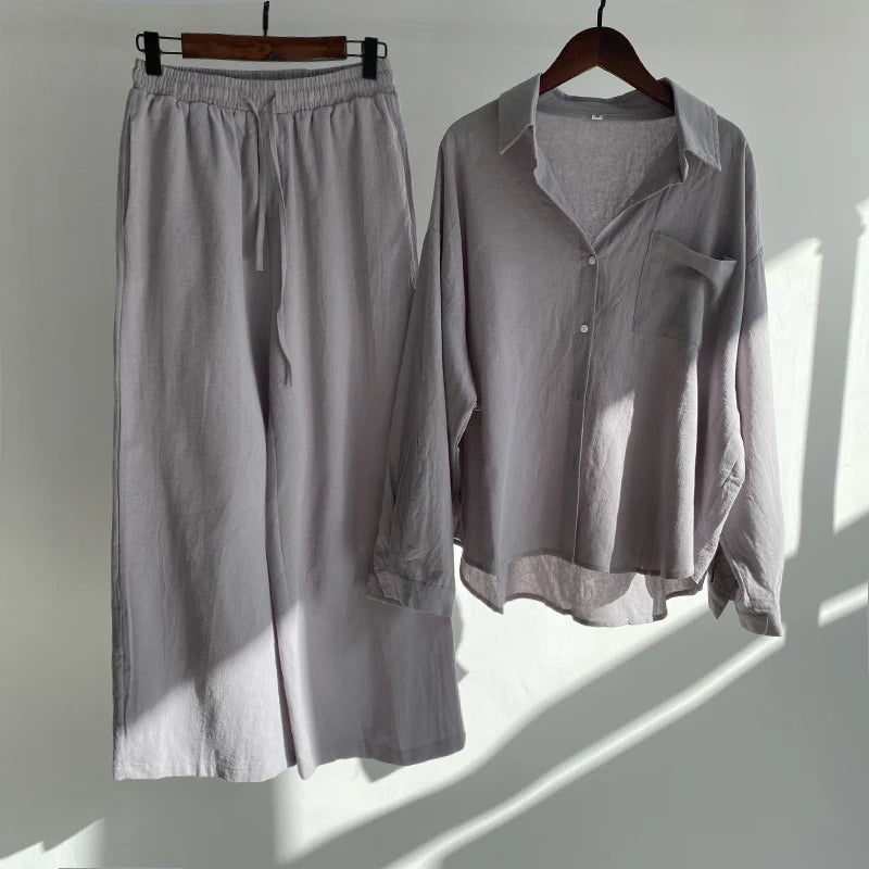 2-Piece Shirt And High-Waist Loose Trousers Set