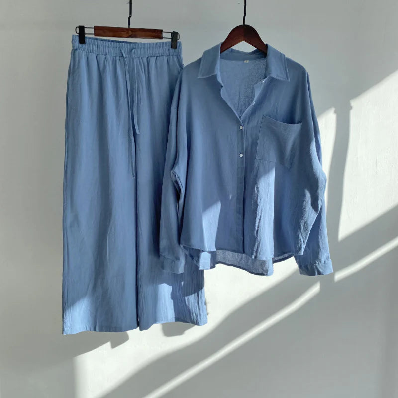 2-Piece Shirt And High-Waist Loose Trousers Set