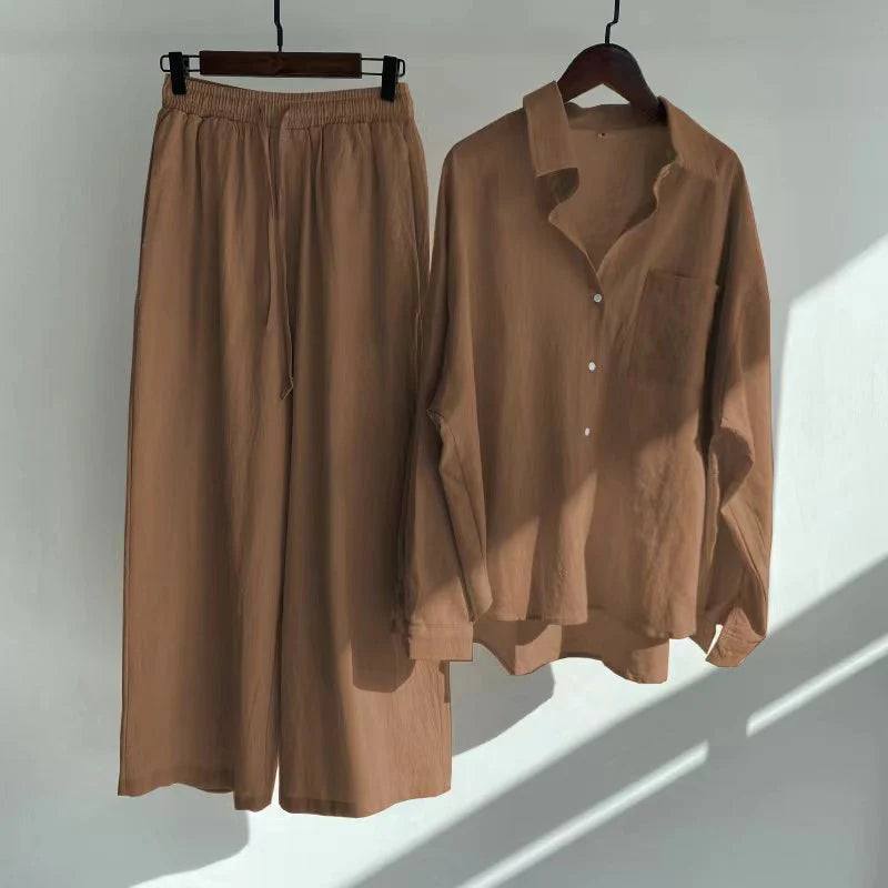 2-Piece Shirt And High-Waist Loose Trousers Set