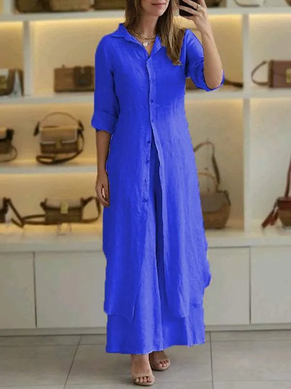 Casual Lapel Pockets Long Dress